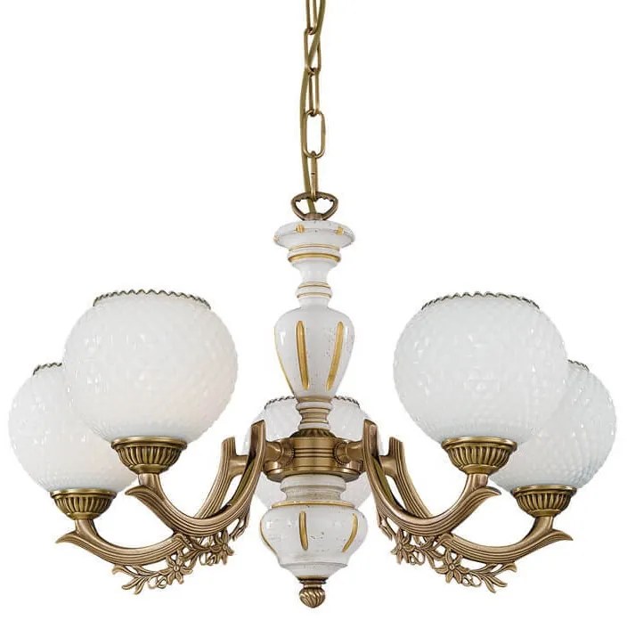 Candelabru cu 5 brate clasic design italian din alama, sticla si lemn 8655 RA-L. 8655/5