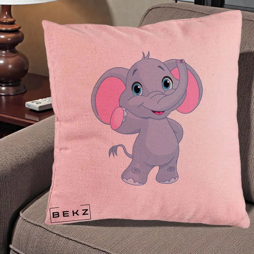 Perna Decorativa Pui de Elefant Kawaii, 40x40 cm, Roz, Husa Detasabila, Perna Inclusa, BEKZ®