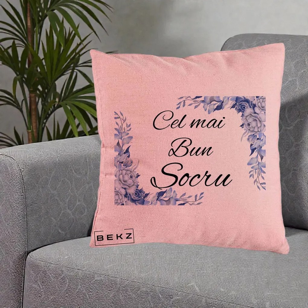Cadou pentru Socru - Perna Personalizata Cel mai Bun Socru cu Flori Albastre Acuarela, 40x40 cm, Roz, Husa Detasabila, Perna Inclusa, BEKZ®