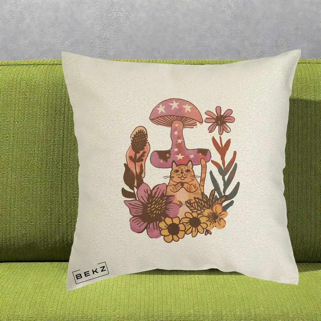 Perna Decorativa Ciuperca Pisica Boho, 40x40 cm, Ecru, Husa Detasabila, Perna Inclusa, BEKZ®