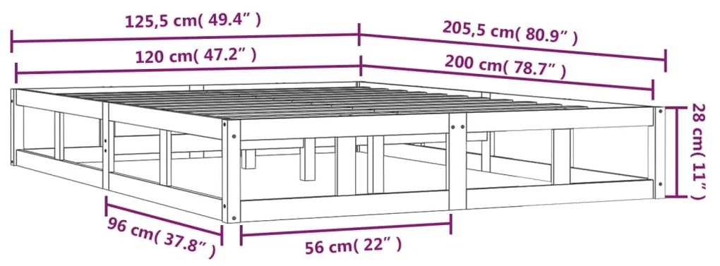 Cadru de pat, gri, 120x200 cm, lemn masiv Gri, 120 x 200 cm