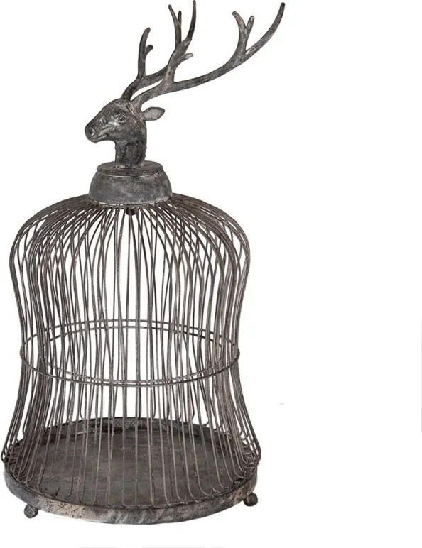 Colivie decorativă din metal cu motiv cerb, finisaj gri antichizat, Ø26x50 cm