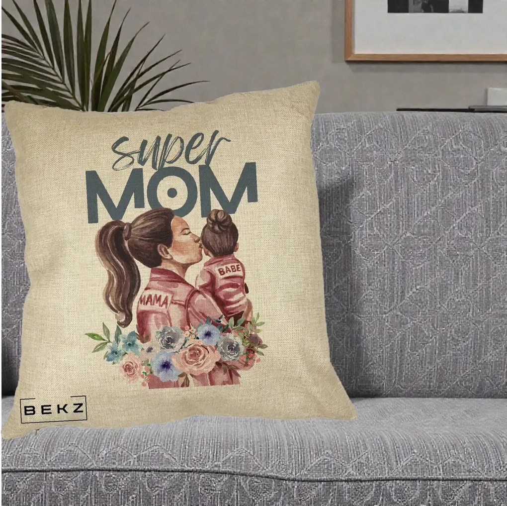 Cadou pentru Mama - Perna Personalizata Super Mom Mama cu Bebelusul, 40x40 cm, Crem, Husa Detasabila, Perna Inclusa, BEKZ®