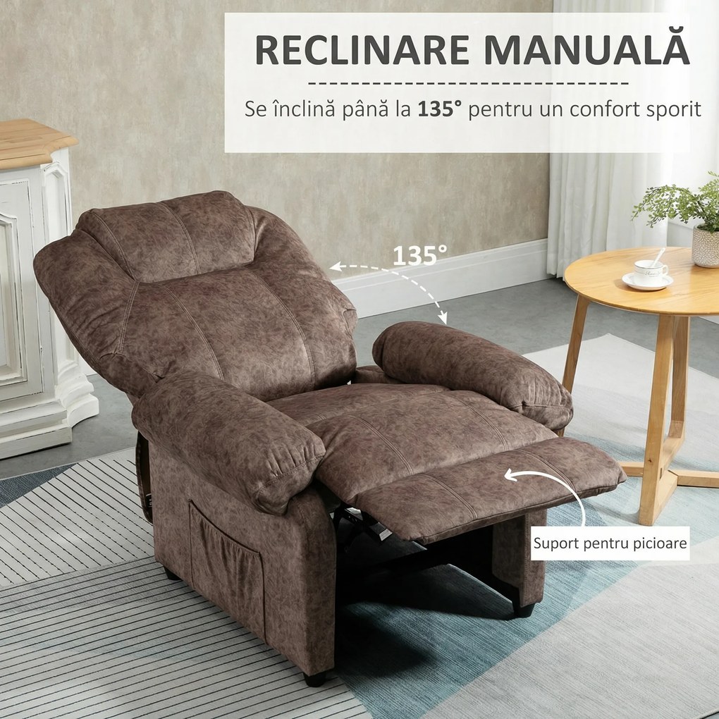 HOMCOM Fotoliu Relax Inclinabil Manual din Material textil, Fotoliu reclinabil cu Suport pentru Picioare Extensibila si Buzunar Lateral, Maro