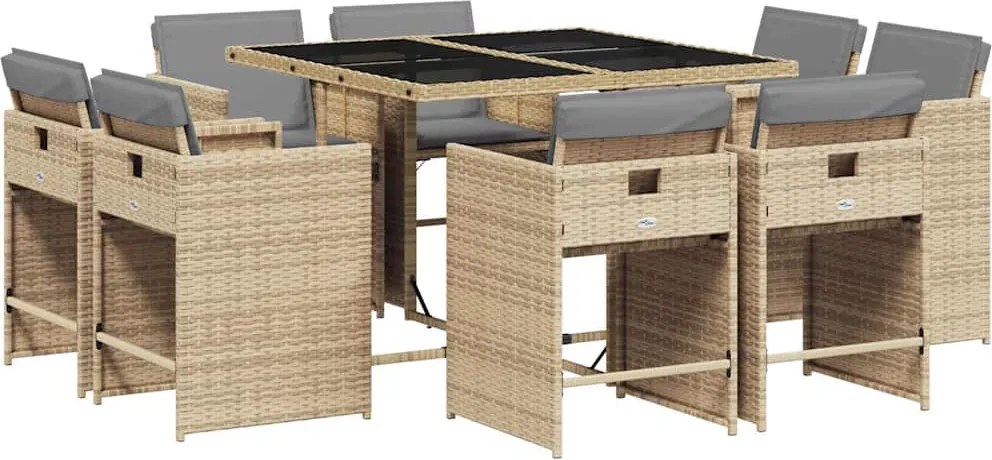 vidaXL Set de masă pentru grădină, 9 piese, cu perne, bej, poliratan
