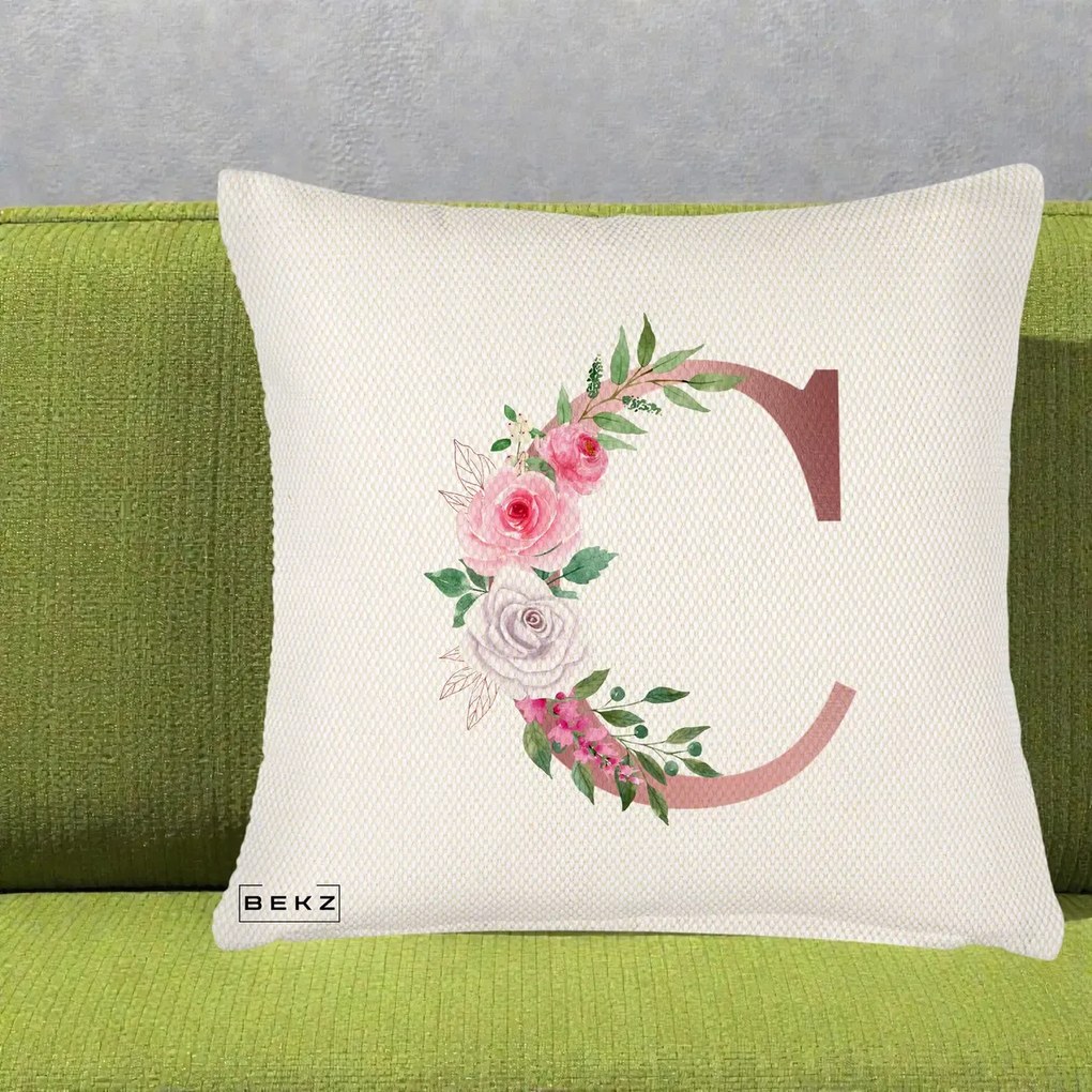 Cadou Personalizat - Perna Personalizata Monograma Rose Gold Litera C, 40x40 cm, Crem Reliefat, Husa Detasabila, Perna Inclusa, BEKZ®
