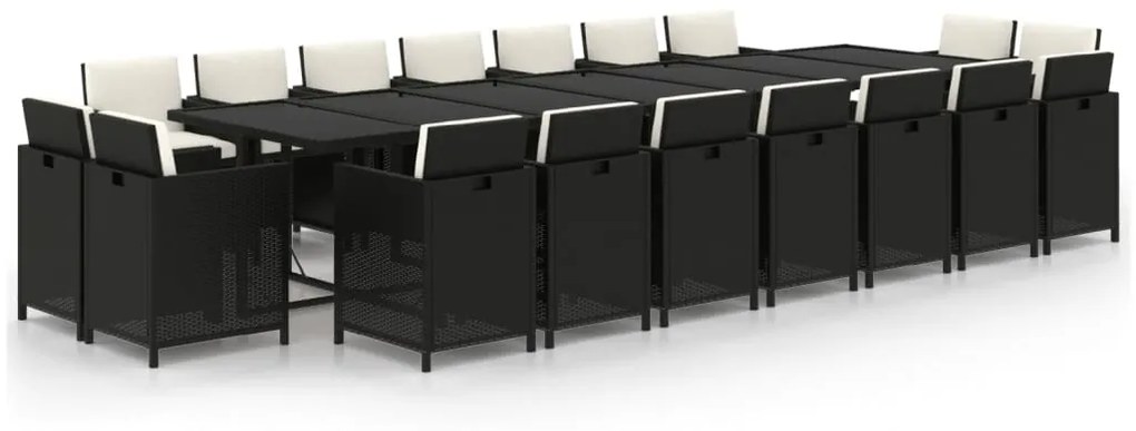 Set mobilier de gradina cu perne, 19 piese, negru, poliratan Negru si alb crem, masa + 18x fotoliu, 1