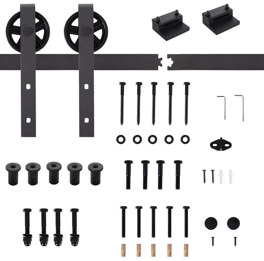 HOMCOM Kit Usa Glisanta 100kg max din Otel Carbon, pentru Usi Glisante cu Sina, 2 Manere, 2 Opritoare Usa, 2 Opritoare Podea, 183x4x0.6 cm