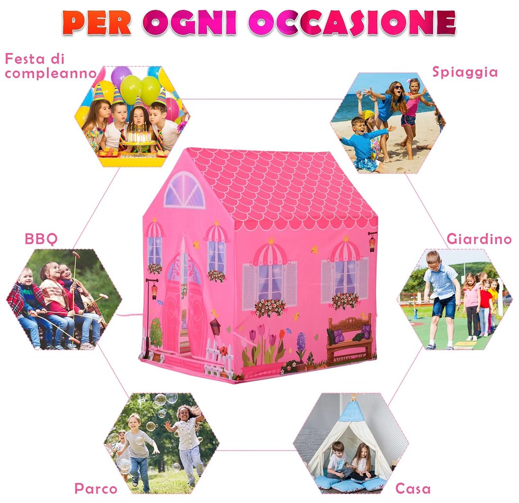 Cort Princess Play HOMCOM pentru Fete de peste 3 ani pentru Interior si Exterior Roz 93 x 69 x 103 cm | Aosom RO