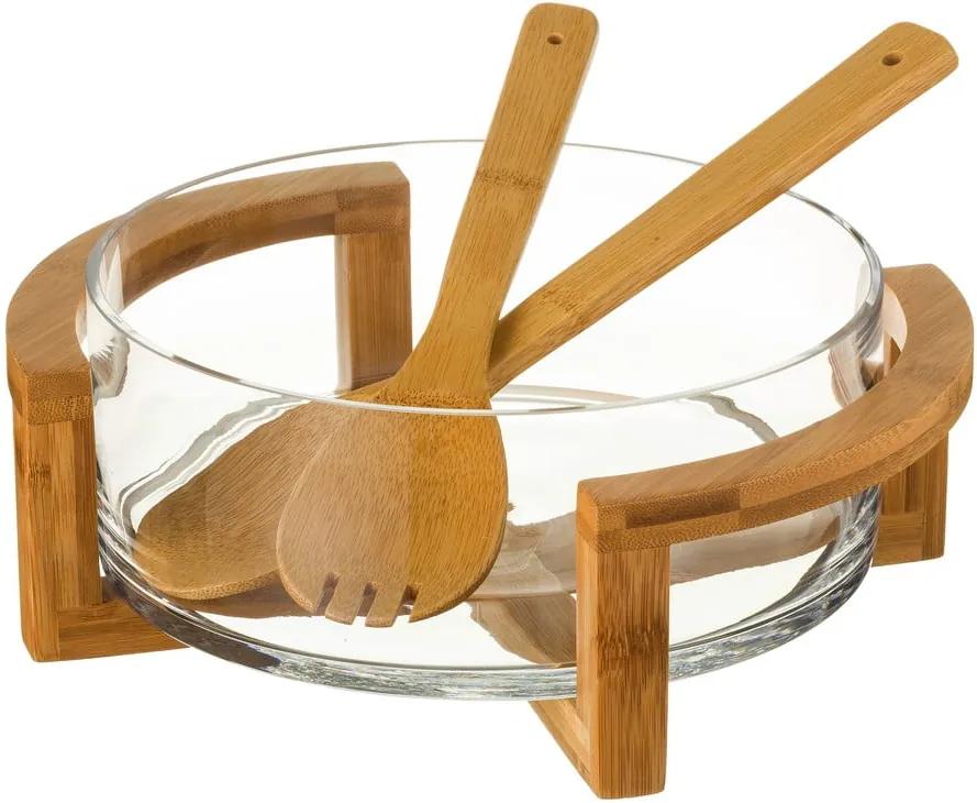 Set bol din sticlă și tacâmuri din bambus pentru salată Unimasa Transparent