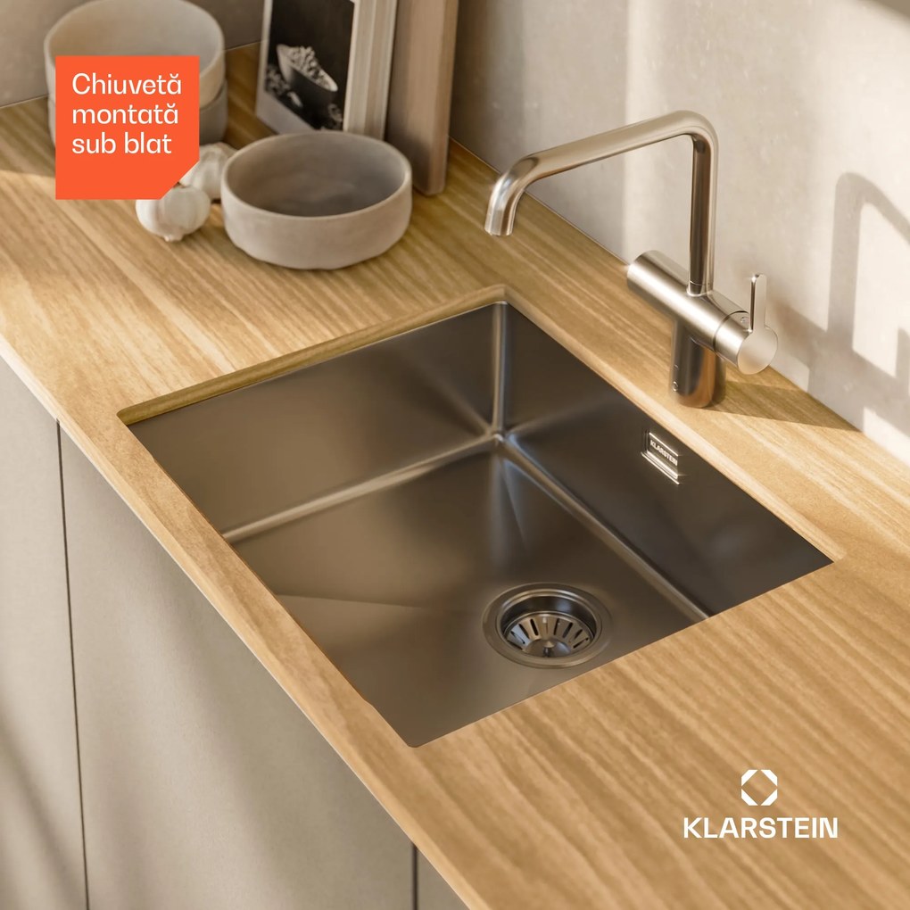 Klarstein TitanSteel Chiuvetă de bucătărie 45 x 55 cm (LxÎ) cu suprafață rezistentă la rugină, zgârieturi și căldură.