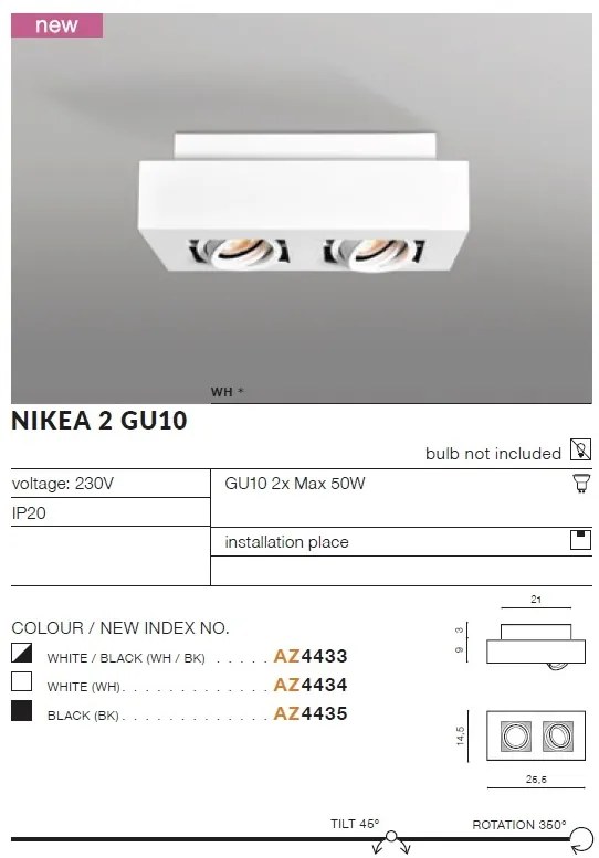 Spot aplicat directionabil de tavan/plafon NIKEA 2 GU10 alb/negru