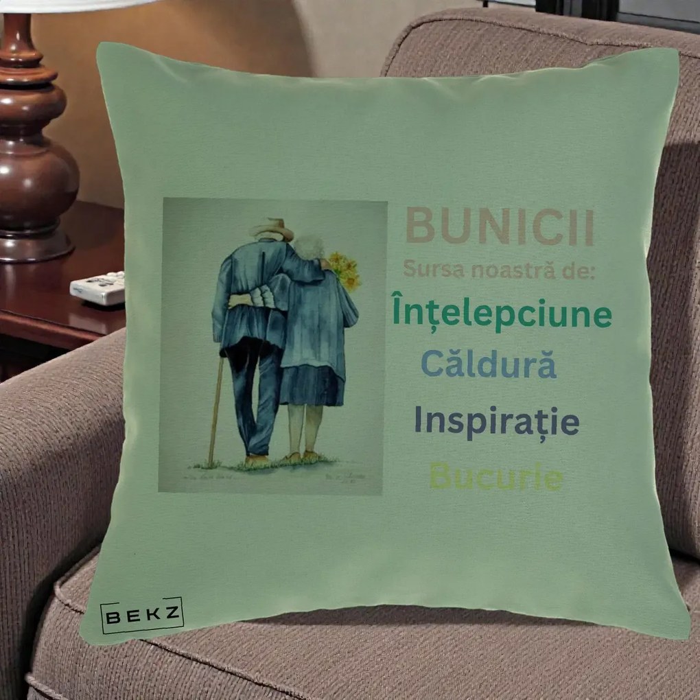 Cadou pentru Bunici - Perna Personalizata Bunicii Sursa Intelepciune Caldura Acuarela, 40x40 cm, Verde, Husa Detasabila, Perna Inclusa, BEKZ®