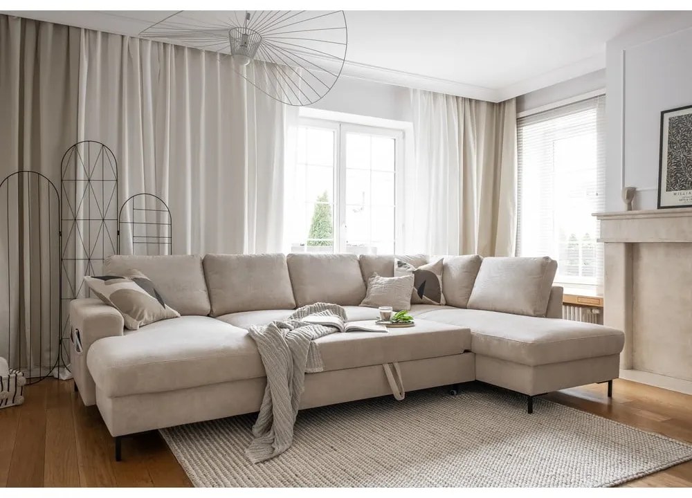 Colțar bej extensibil cu tapițerie din catifea reiată (cu colț pe partea dreaptă) Lofty Lilly – Miuform