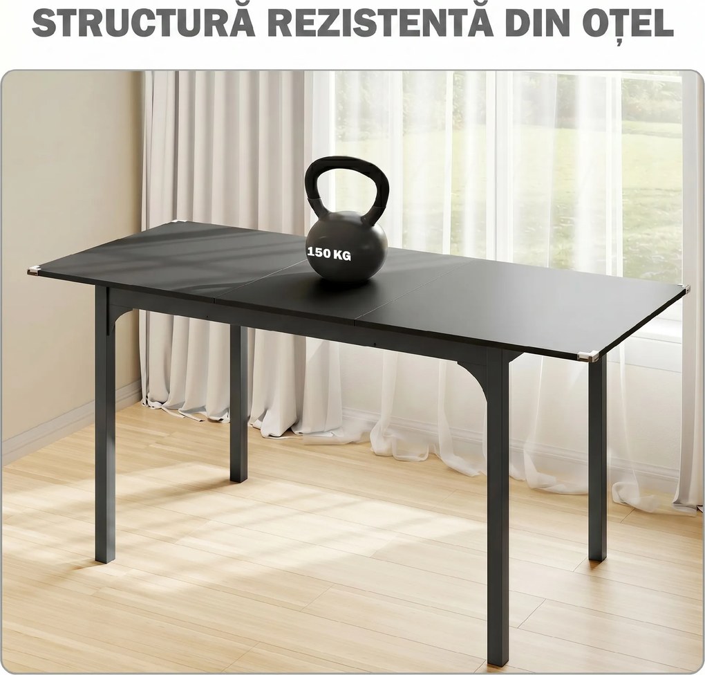 HOMCOM Masă de Grădină Extensibilă pentru 4-6 Persoane cu Picioare din Oțel, 160x70x75 cm, Negru | Aosom Romania