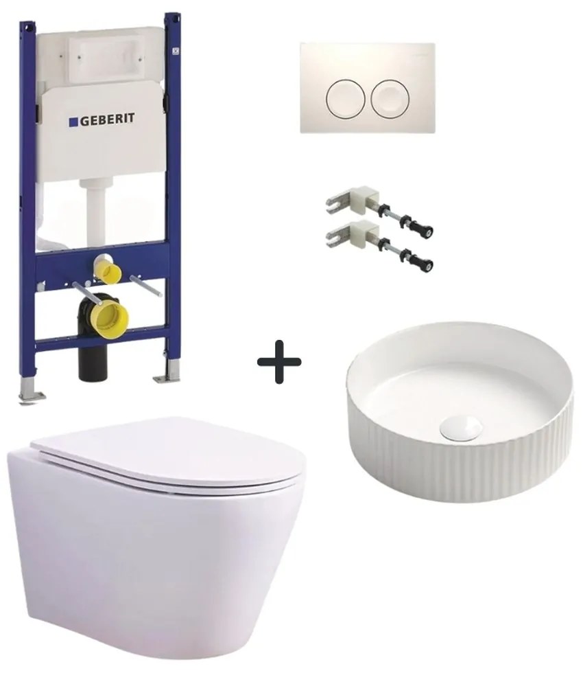 Set vas wc rimless alb cu capac soft close, lavoar rotund cu ventil, plus rezervor incastrat cu set fixare si clapeta alba