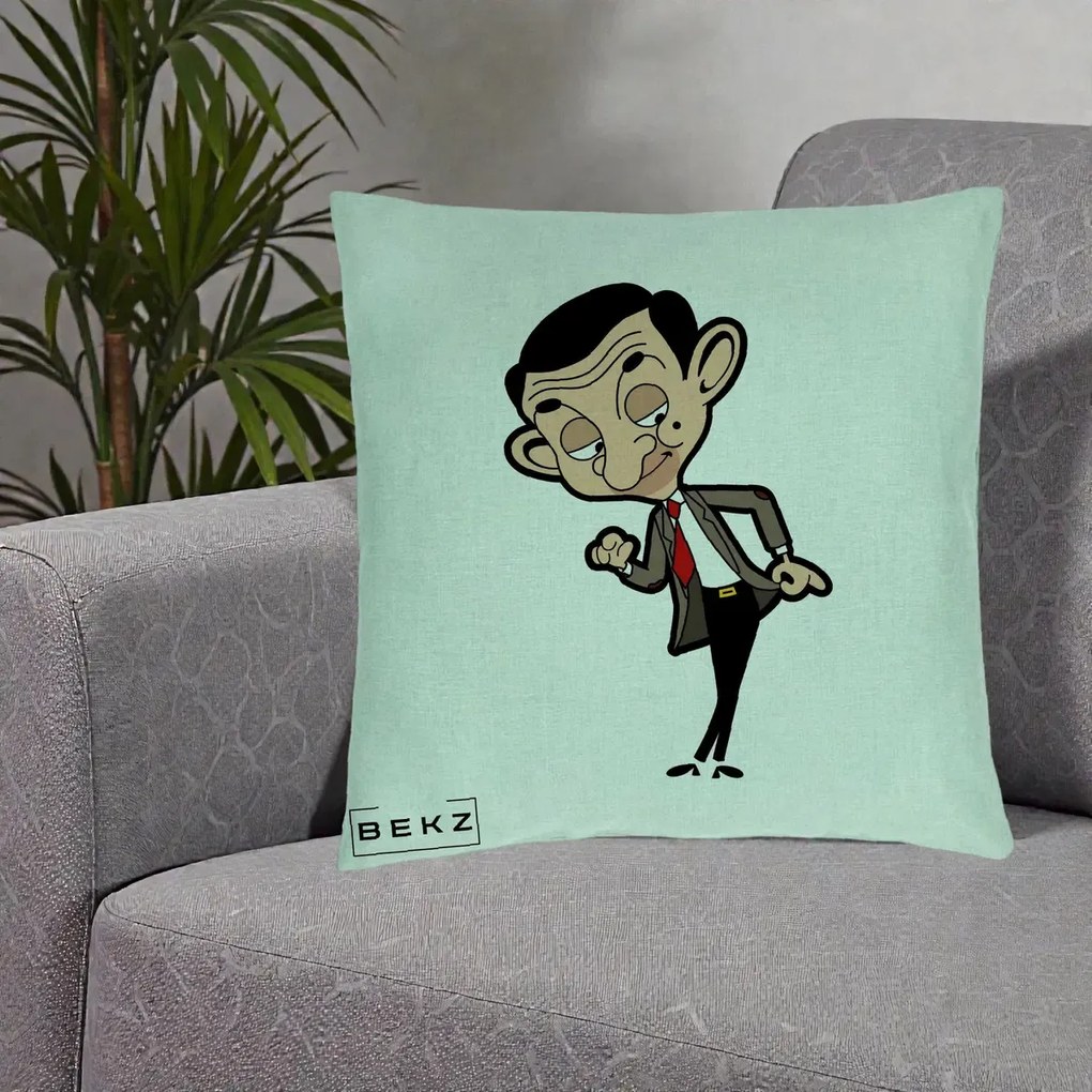 Perna Personalizata Mr. Bean Caricatura, 40x40 cm, Verde Menta, Husa Detasabila, Perna Inclusa, BEKZ®