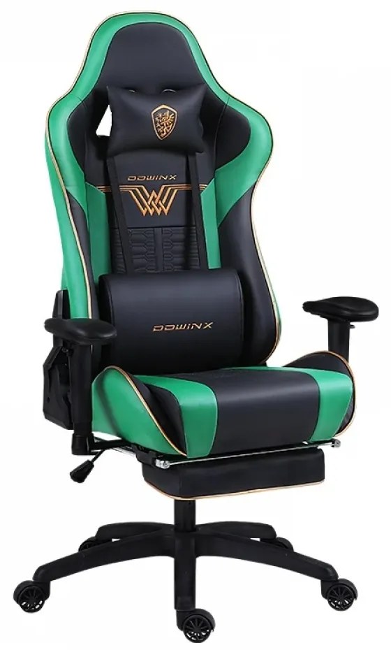 RESIGILAT- DOWINX Scaun gaming, ergonomic, pernă lombară cu masaj, suport pentru picioare, piele PU matlasata, respirabila, cotiere 4D, rezistent 150 kg, Negru/Verde
