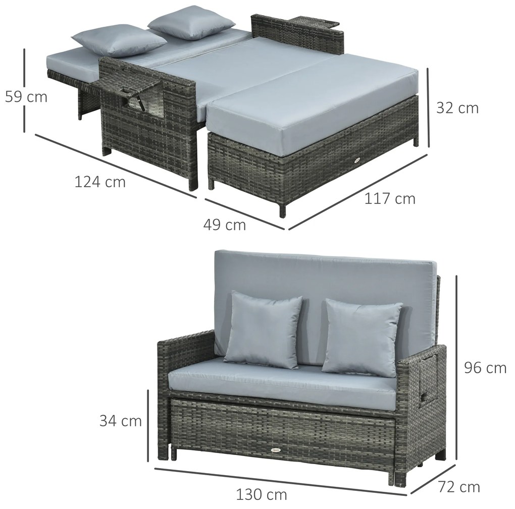 Outsunny Canapea de grădină cu funcție de șezlong, taburet extensibil cu spațiu de depozitare, perne pentru șezut, gri, 130 x 72 x 96 cm | Aosom Romania