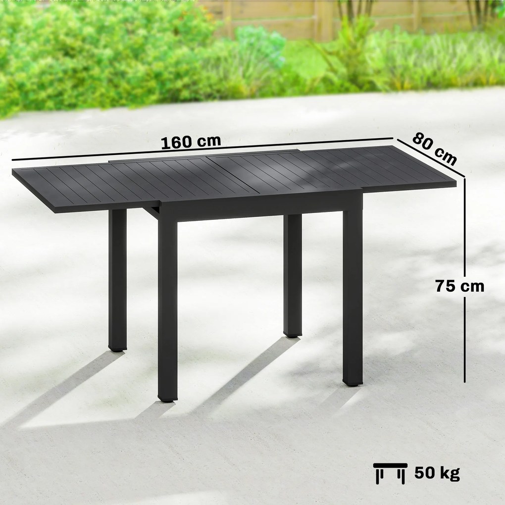 Outsunny Masă de Grădină Extensibilă pentru 4-6 Persoane 80/160x80 cm, Masă de Prânz pentru Exterior din Aluminiu cu Blat Lamelar, pentru Terasă, Balcon, Negru | Aosom Romania