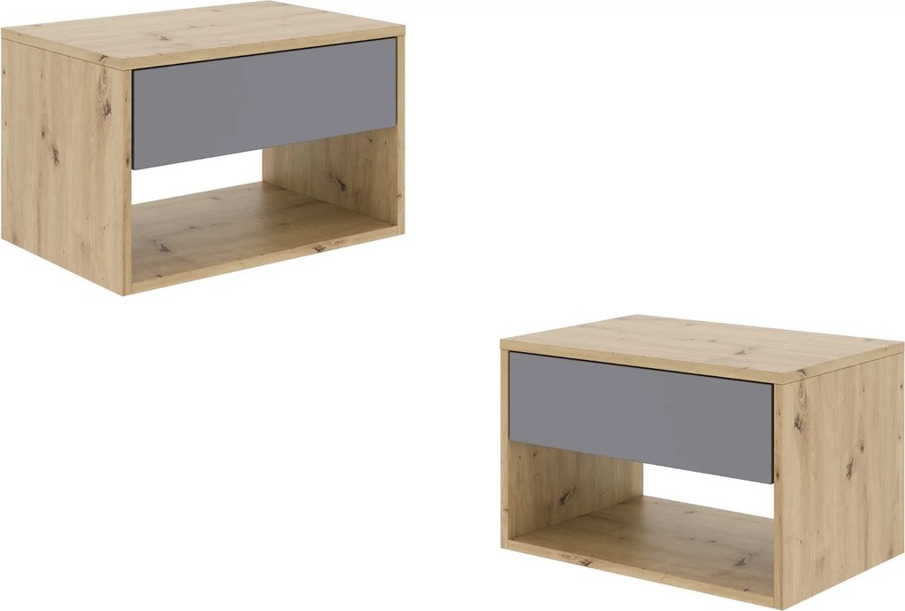 Set 2 Noptiere Pedro, 1 Sertar, Stejar Artisan/Antracit, 53 x 35 x 33 cm