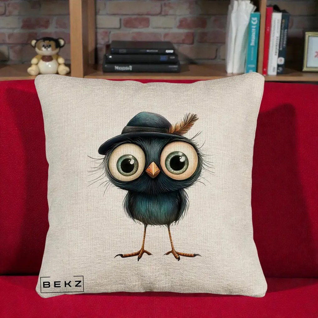 Perna Decorativa Pui Misterios cu Palarie Neagra, 40x40 cm, Bej Canapea, Husa Detasabila, Perna Inclusa, BEKZ®