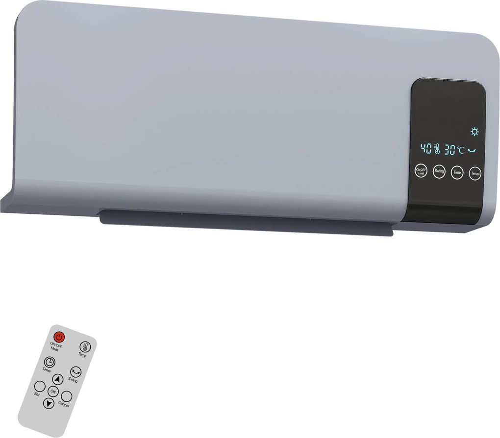 HOMCOM Ventilator Termic de Perete cu Temporizator 12h și 2 Moduri Gri | Aosom Romania