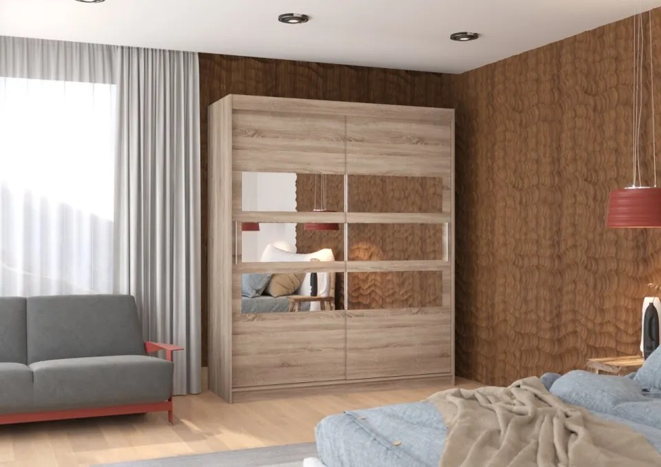 Dulap cu usi glisante si oglinda 180x215 cm, Toledo, ADRK Furniture (Culoare: Negru)