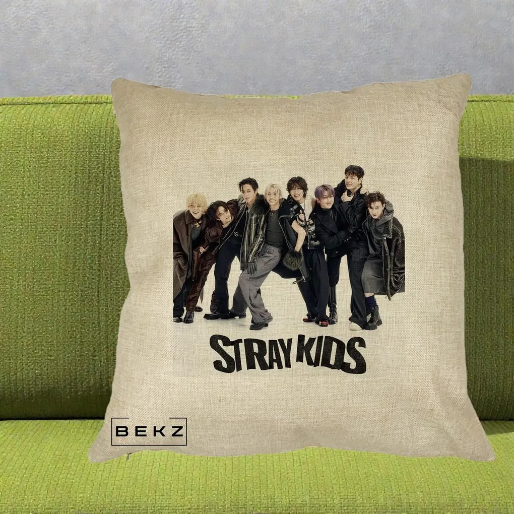 Perna Personalizata K-pop Stray Kids Outfit Negru, 40x40 cm, Crem, Husa Detasabila, Perna Inclusa, BEKZ®