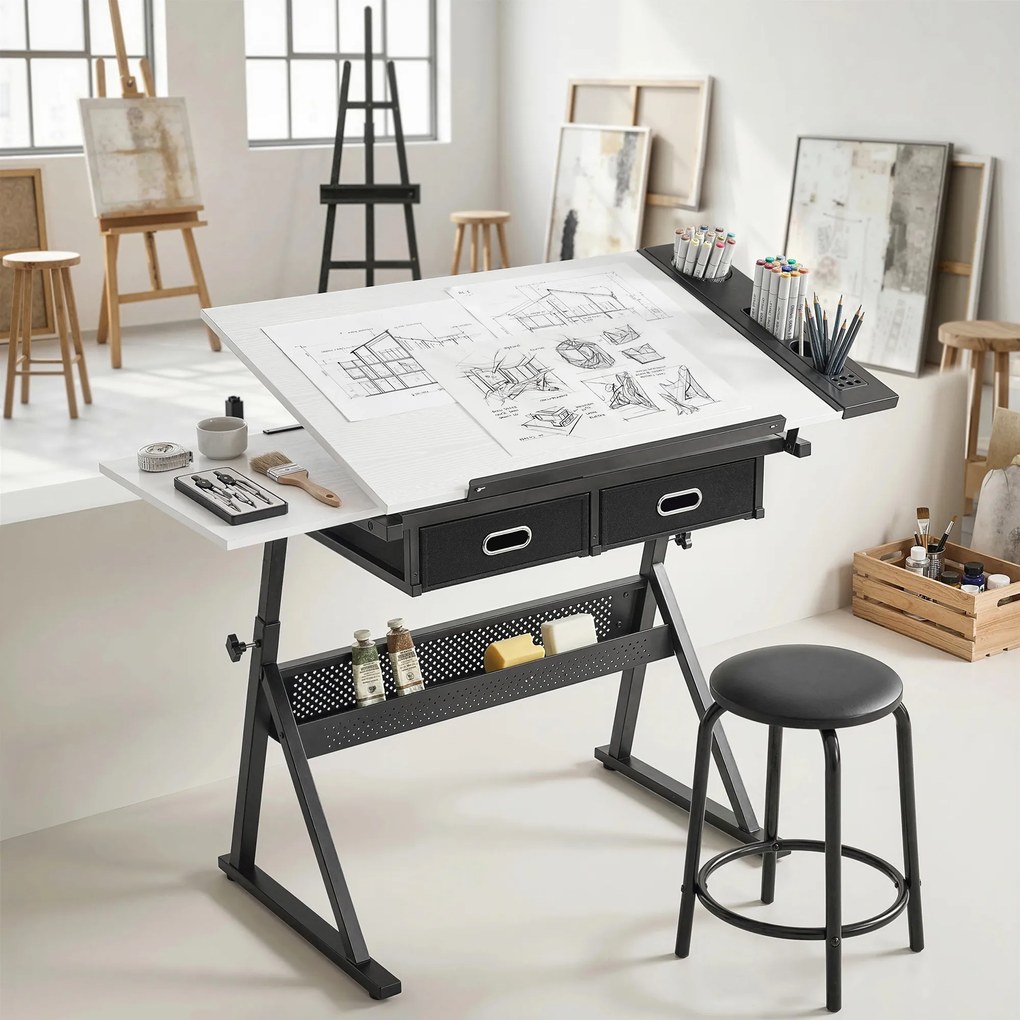 HOMCOM Masă de desen cu taburet și 2 sertare, înălțime reglabilă, blat înclinabil 0° à 60°, 120 x 60 x 68-92 cm, alb | Aosom Romania
