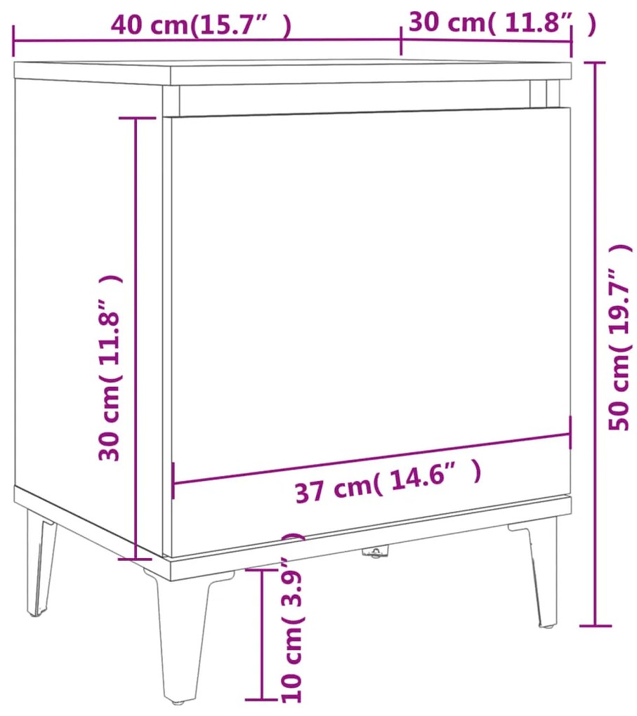 Noptiere, picioare metalice, 2 buc. alb extralucios 40x30x50 cm 2, Alb foarte lucios