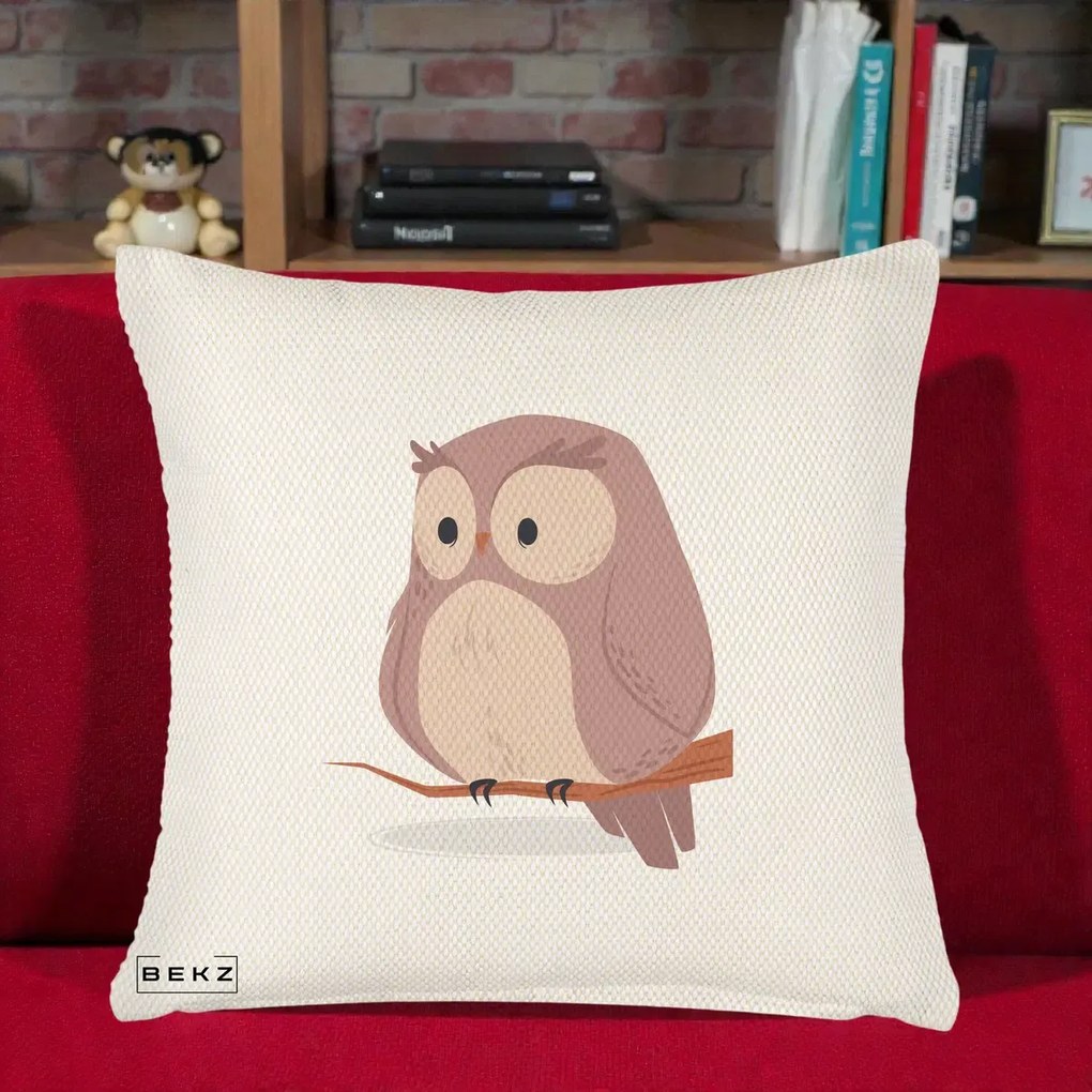 Perna Decorativa Bufnita Kawaii pe Creanga, 40x40 cm, Crem Reliefat, Husa Detasabila, Perna Inclusa, BEKZ®