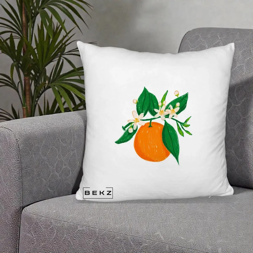 Perna Decorativa Portocala in Floare, 40x40 cm, Alb Pufos, Husa Detasabila, Perna Inclusa, BEKZ®