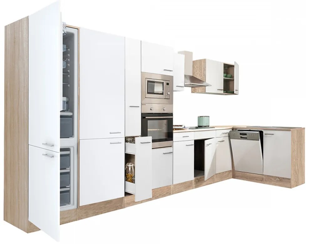 Mobilă de bucătărie de colț Yorki 430, corp din stejar Sonoma, față alb satinat, frigider sub blat