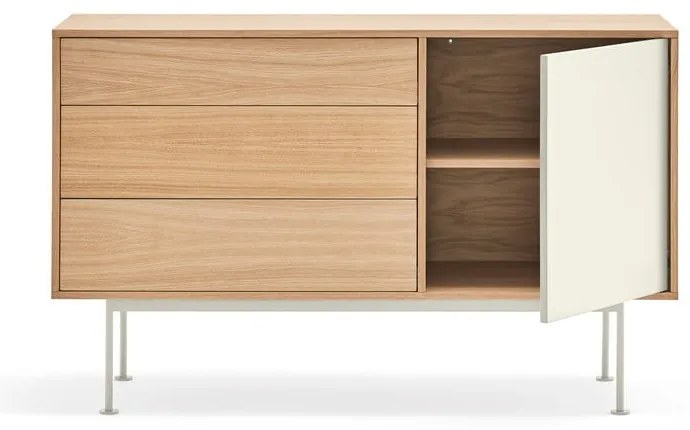 Comodă cu aspect de lemn de stejar Teulat Yoko, lățime 128 cm, alb-crem