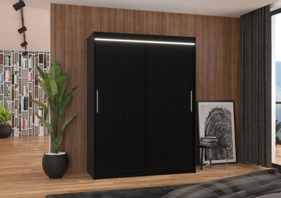 Dulap cu usi glisante si iluminare LED, Denver 150 + LED, 150 cmx200 cmx58 cm, ADRK Furniture (Culoare: Alb)