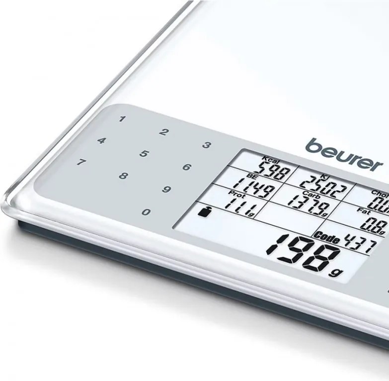 Cantar de bucatarie Beurer DS 61, Pana la 5 kg, Tare, Touch, Sticla, Analiza nutritionala a 950 de alimente, Memorie, Transparent/Gri