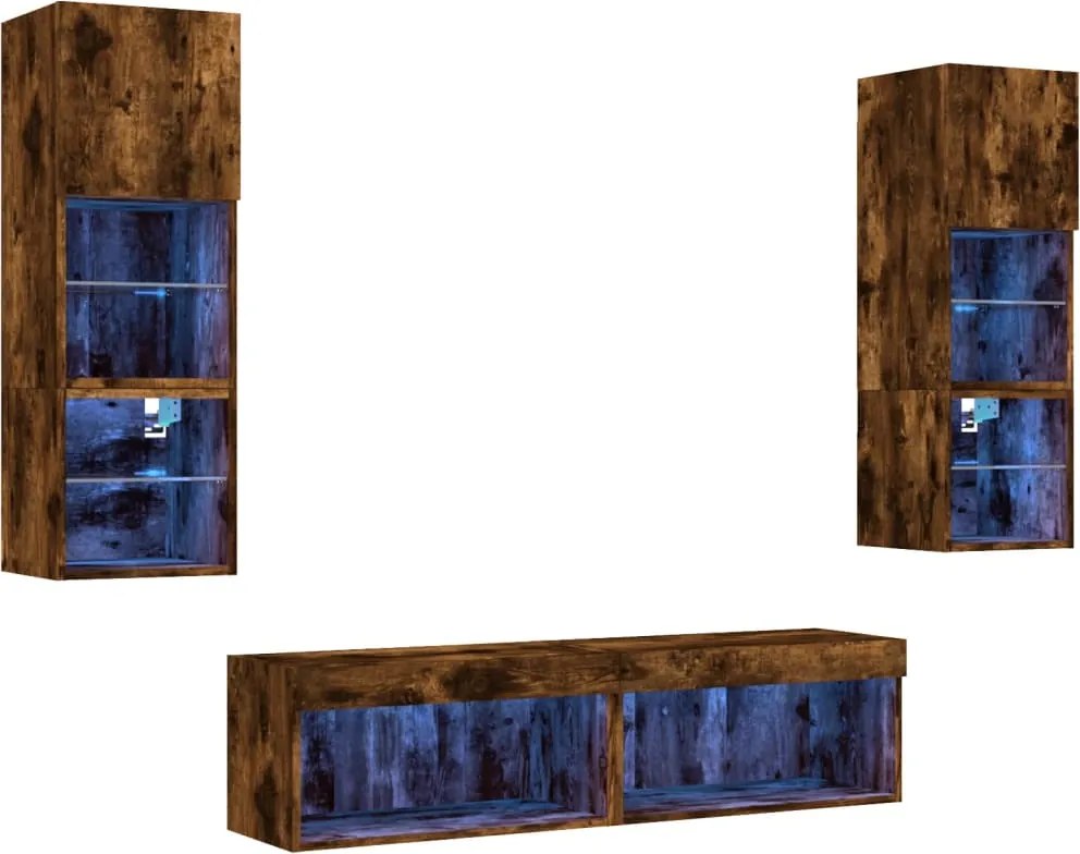 vidaXL Unități de perete TV cu LED-uri, 6 piese, stejar fumuriu, lemn