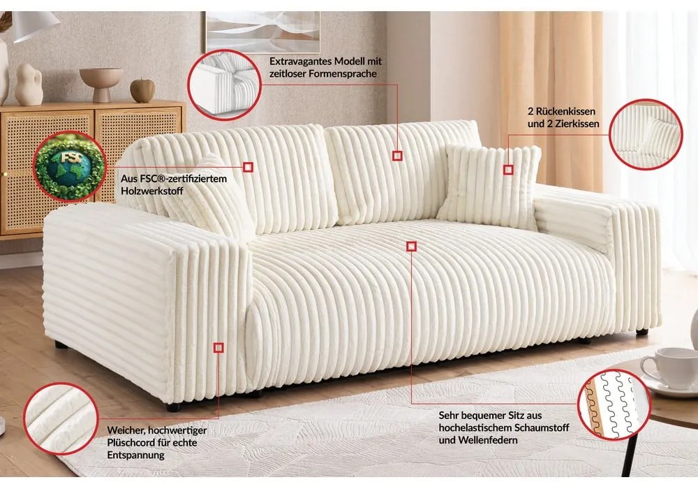 Canapea crem cu tapițerie din catifea reiată 178 cm Justin – Ropez