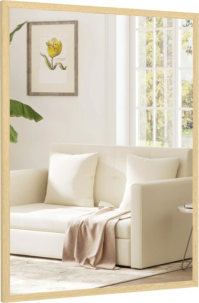 HOMCOM Oglindă de perete dreptunghiulară 80 x 60 cm, ramă din lemn natural, ideală pentru baie, living sau dormitor | Aosom Romania