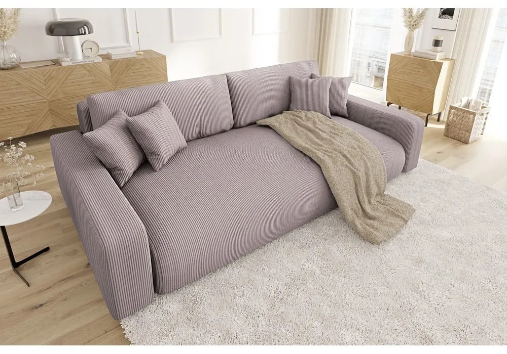 Canapea roz-deschis extensibilă, cu spațiu de depozitare, cu tapițerie din catifea reiată 234 cm Sara – Ropez