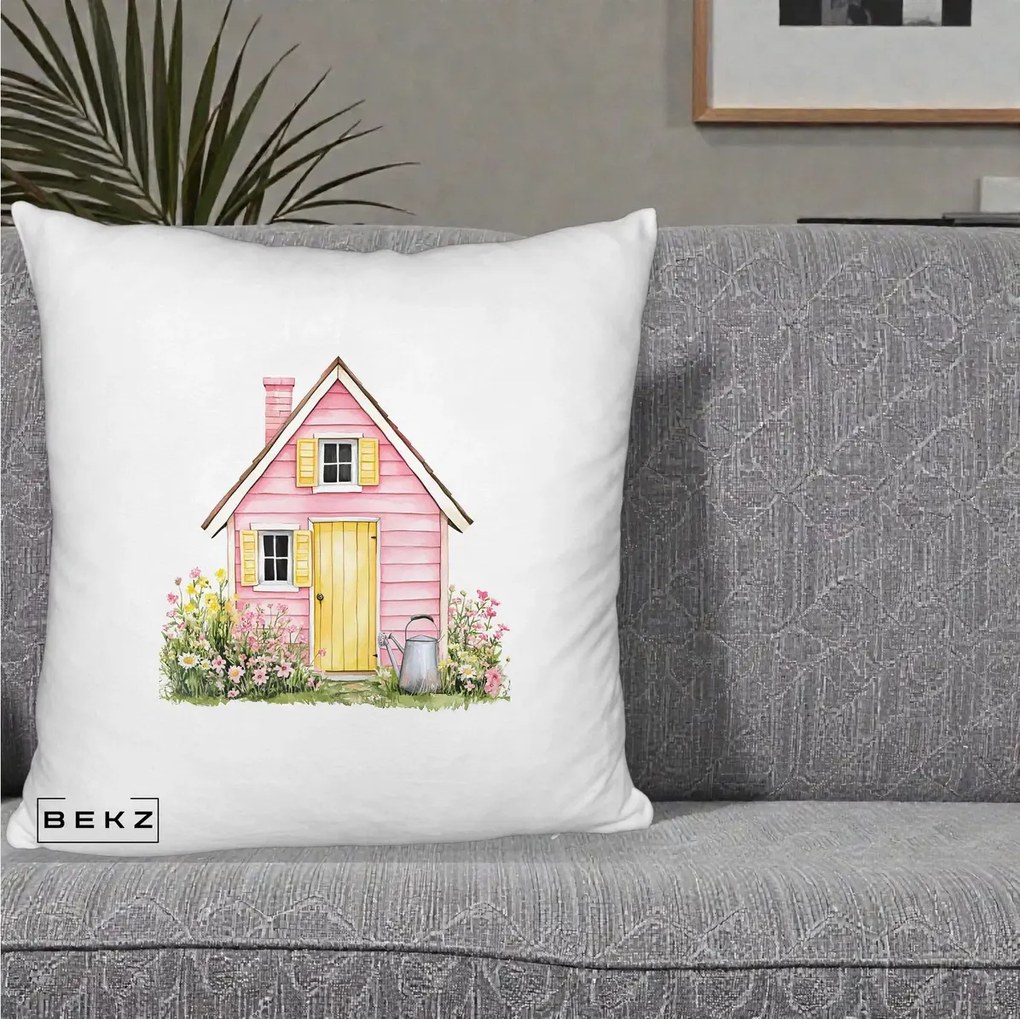 Perna Decorativa Casuta Roz Acuarela cu Gradina, 40x40 cm, Alb Pufos, Husa Detasabila, Perna Inclusa, BEKZ®