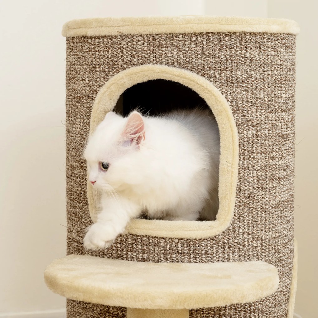 PawHut Butoi pentru pisici, copac zgârietor cu 2 niveluri, platformă de salt, punct de observație, covoraș de zgâriat, pentru odihnă și joacă, bej | Aosom Romania