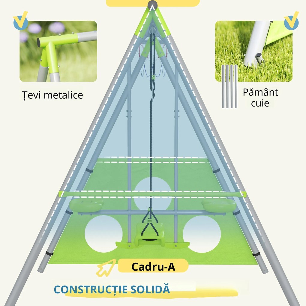 AIYAPLAY Leagăn de Grădină 4 în 1 pentru Copii cu Coș de Baschet și Poartă de Fotbal, 215x180x182 cm, Verde | Aosom Romania