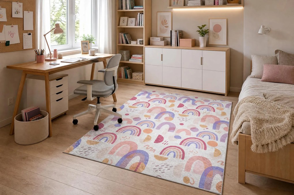 BAMBINO 61480 covor lavabil Curcubeu, puncte pentru copii anti-alunecare - cremă / roz