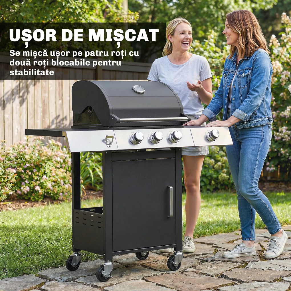 Outsunny Grătar pe Gaz, 3 Arzătoare, Arzător Lateral, Grătare din Fontă, Rafturi Laterale Incluse. | Aosom Romania