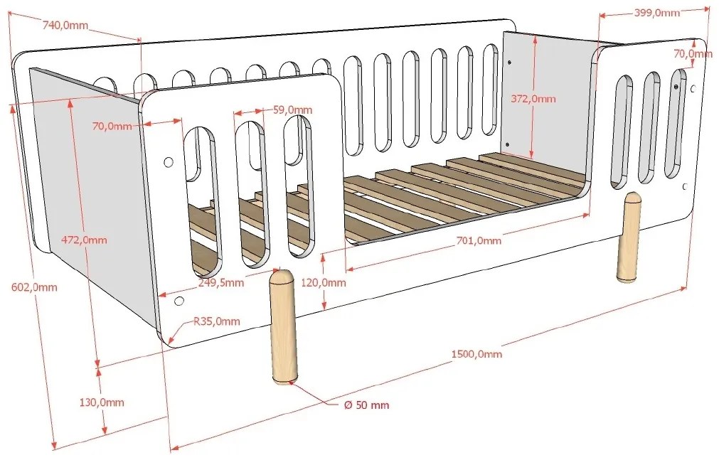 Set mobilier pentru copii mici SMILE, alb, pat 70 x 140 cm cu balustradă de protecție și dulap cu baretă pentru haine și 3 sertare – Vipack
