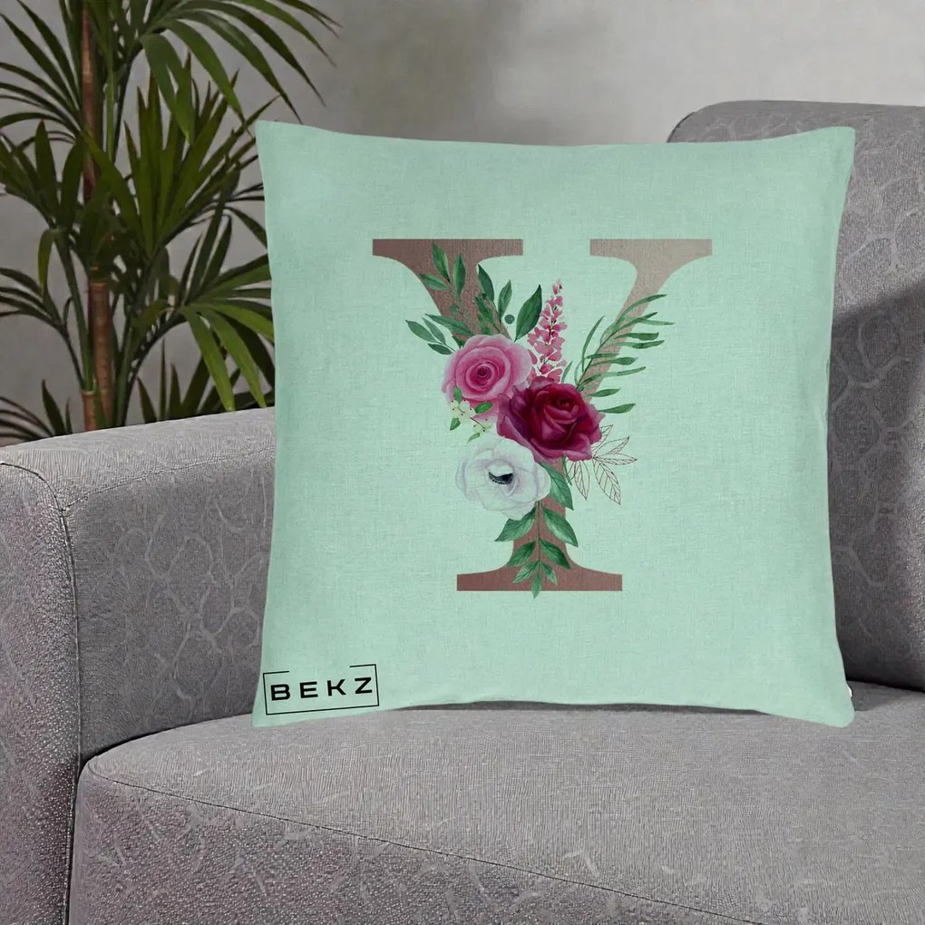 Cadou Personalizat - Perna Personalizata Monograma Rose Gold Litera Y, 40x40 cm, Verde Menta, Husa Detasabila, Perna Inclusa, BEKZ®