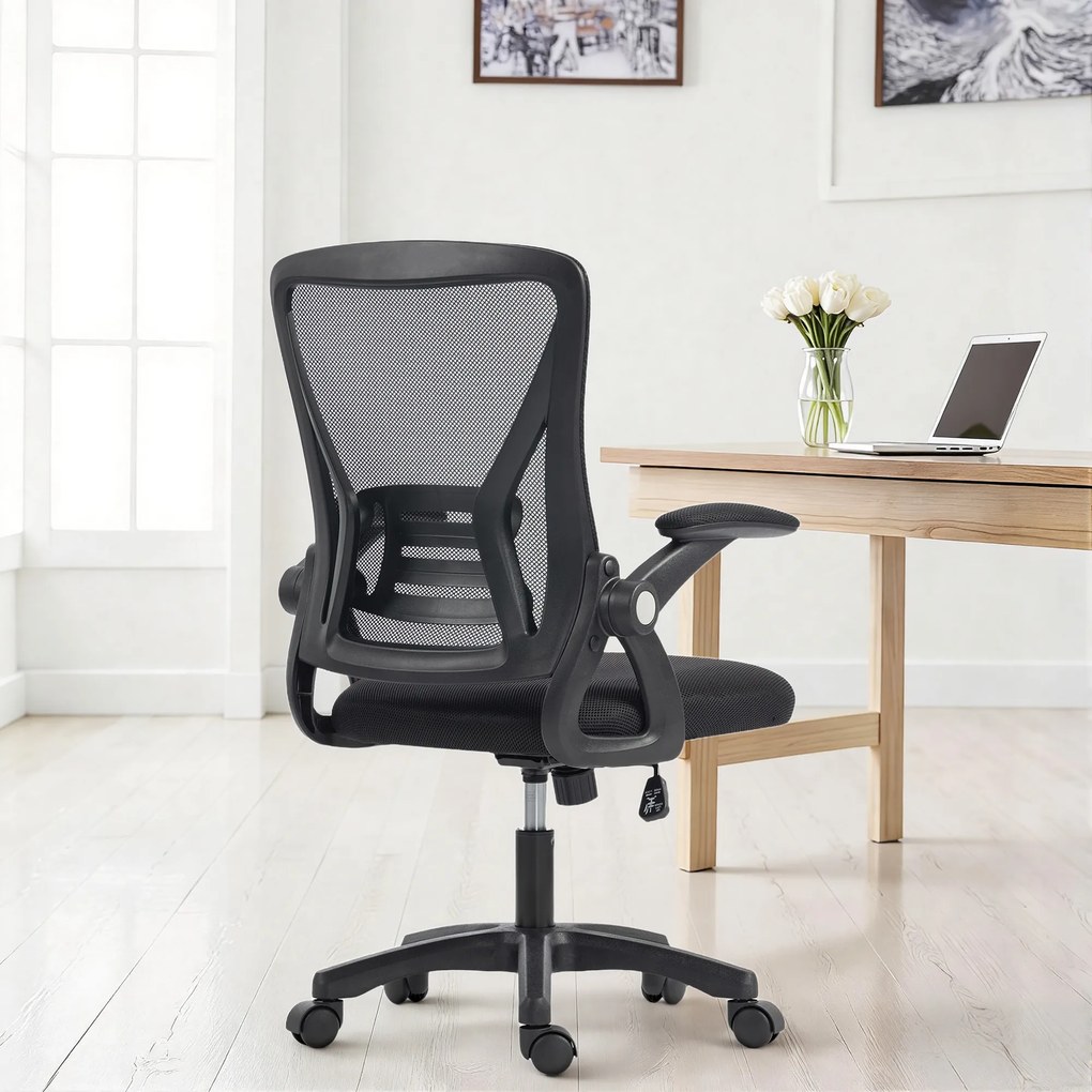 HOMCOM Scaun de Birou din Plasă cu Brațe Rabatabile, Suport Lombar, 59,5 x 56 x 103 cm, Negru | Aosom Romania