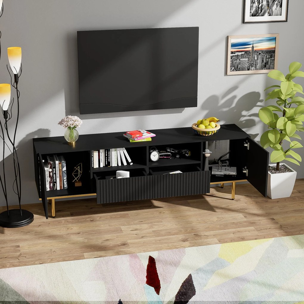 Mobilier TV Modern Modern cu Detalii Aurii, Două Rafturi și Două Sertare, din Lemn de Înaltă Calitate, 165x36x55 cm, Negru